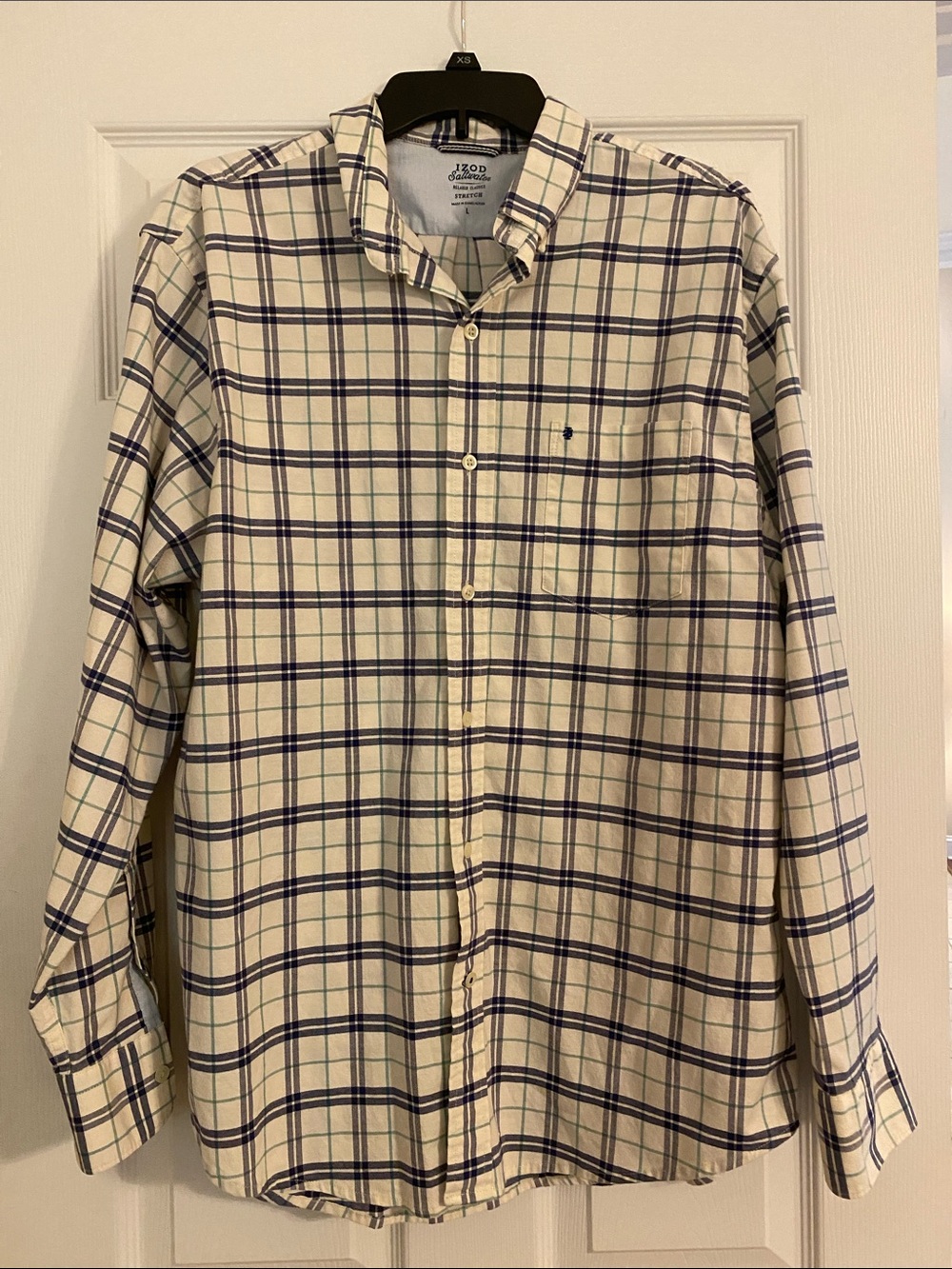 Izod Men's Cream Plaid Button-Down Shirt with Navy and Green Stripes